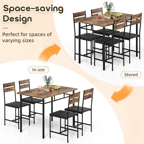 5-Piece Industrial Dining Table Set with 4 Upholstered Chairs, Rustic Brown