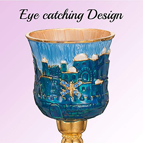 Hand-Painted Enamel Kiddush Cup Set with Tray and Crystal Embellishments