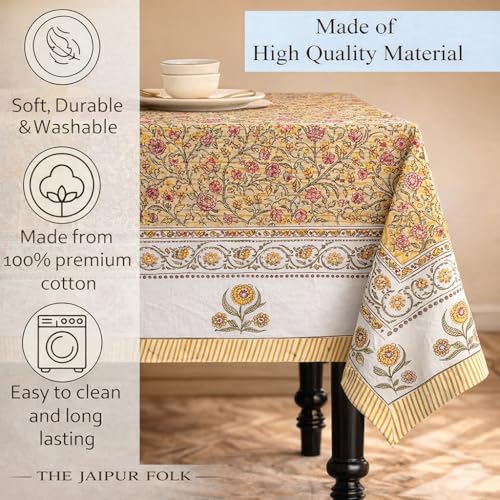 Hand Block Printed Floral Cotton Tablecloth 60x90 in - Pink Yellow, Dust Proof & Wrinkle Resistant