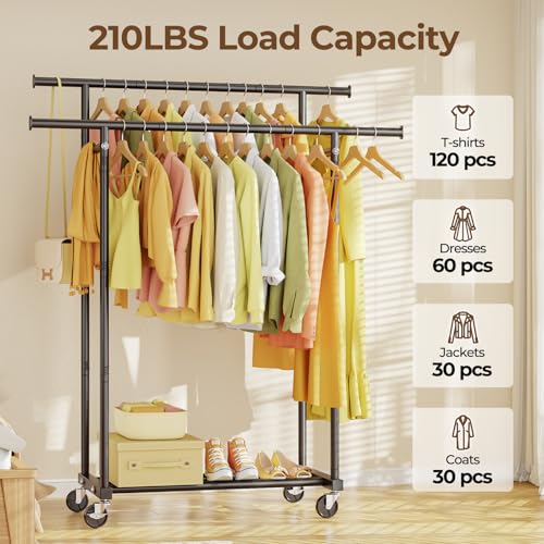 Double Rod Rolling Clothing Rack with Wheels and Bottom Shelf