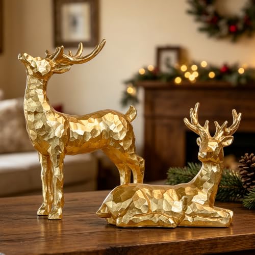 Gold Resin Reindeer Figurines Set of 2 Christmas Tabletop Decor