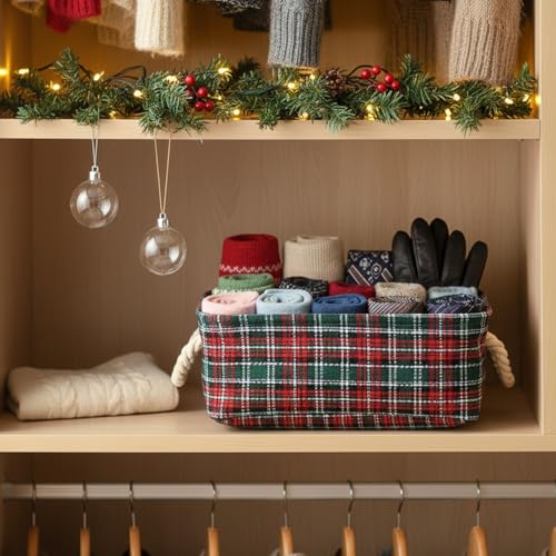 INough Red Christmas Gift Basket with Handles - Empty Collapsible Storage Bin, 13.8 x 10.2 x 5.1in, Water-Resistant Canvas