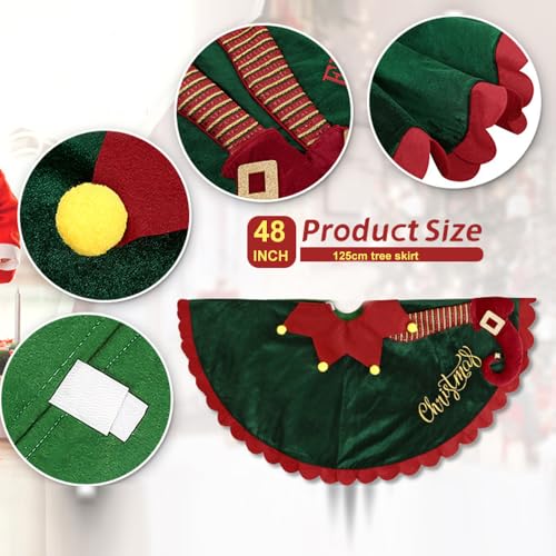 Elf Christmas Tree Skirt 48in Green Velvet with Elf Legs Ripple Trim - ipalmay