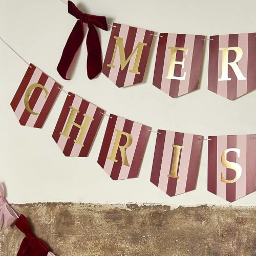 KUNGOON Christmas Banner with Red Velvet Bows - Indoor Holiday Decor