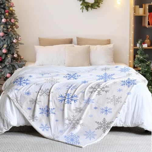Blue Snowflake Christmas Throw Blanket 60x80in Ultra Soft Fleece Bed Decor