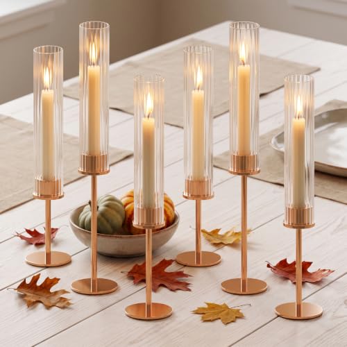 COZYLIA Set of 6 Tall Gold Hurricane Candle Holders for Candles, Indoor & Outdoor