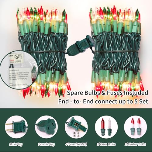 LAMPHOME 100LED Extendable Christmas String Lights - Warm White, Green & Red, 19.6ft Outdoor Decor