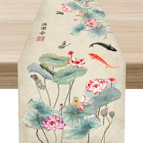 Drapeloft 13" x 90" Ink Painting Japanese Table Runner - Traditional Koi & Butterfly Design