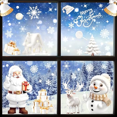 AhfuLife Christmas Window Clings 190PCS Santa & Snowman Reusable 3D Decorations