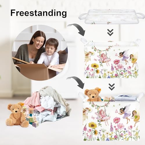 Floral Flower Fairy Laundry Basket - Collapsible Toy Storage Bin for Kids