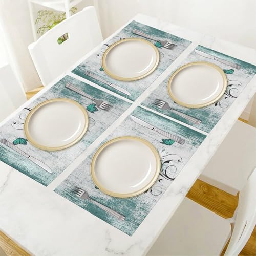 Retro Daisy Teal Floral Farmhouse Placemats Set of 6 - 12x18in, GARSYDAM, 6pcs, Daisy01