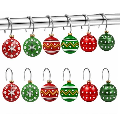 LEWUYII 12 PCS Christmas Ball Shower Curtain Hooks - Holiday Bathroom Decor