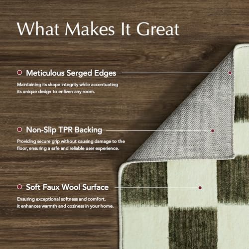 EverGrace 5' x 7' Olive Green Checkered Area Rug - Soft Faux Wool, Washable