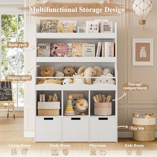 Kids Toy Storage Organizer with Bookshelf and 3 Removable Bins, White
