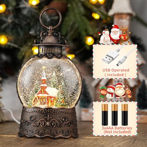 Lighted Christmas Snow Globe with Music and Timer, USB or Battery Operated