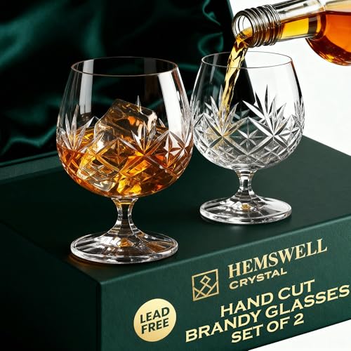Hemswell Crystal Set of 2 Small Cognac Glasses - 8.5oz European Crystal Snifters for Whiskey & Brandy - Tapered Bowls, Hand Cut, Gift-Ready