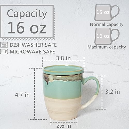 Bosmarlin Green Ceramic Tea Mug with Infuser & Lid, 16 Oz, Reactive Glaze