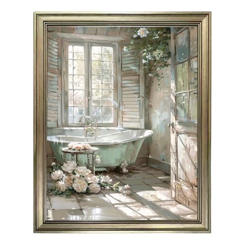 Vintage Floral Bathtub Wall Art, 10x8 Inch Framed Rustic Bathroom Canvas Print