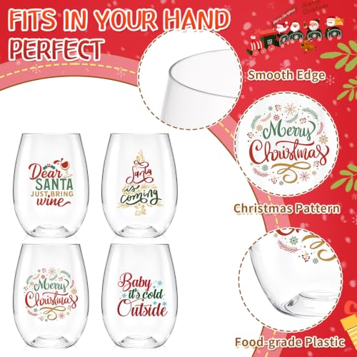 Yiyiring 24 Pcs Christmas Stemless Wine Glasses 16 oz, Plastic Glasses with Holiday Patterns