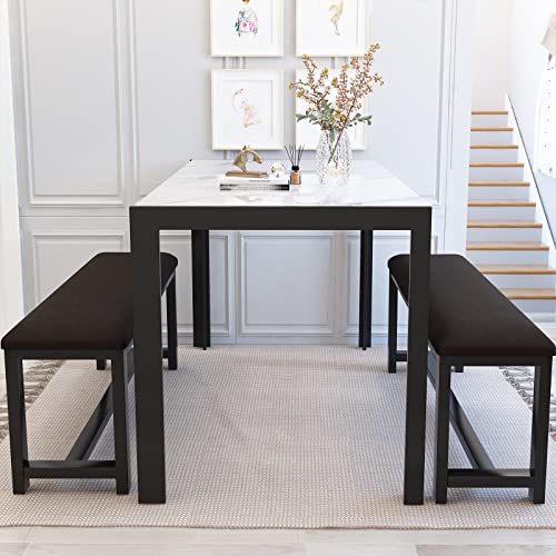 3-Piece Marble Dining Table Set with 2 Upholstered PU Leather Benches