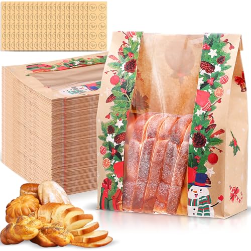 200 Pcs Christmas Kraft Paper Bread Bags with Window & Stickers, 13.7x8.2x3.5in Large Sourdough Bags (SilTriangle, 200 qty, Christmas)
