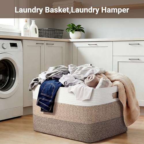 75L Large Rectangle Cotton Rope Laundry Basket, Woven Blanket Storage Bin