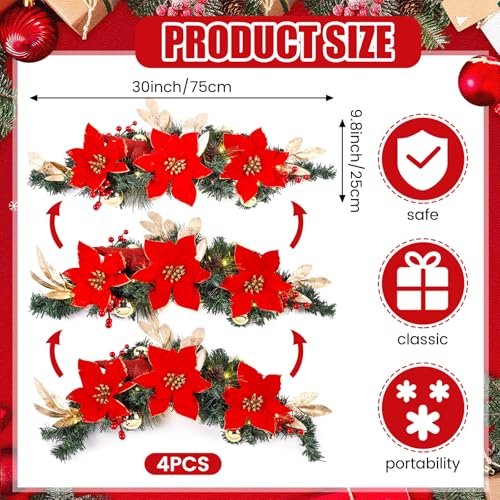 30-Inch Pre-Lit Christmas Window Swags with Red Poinsettias - 4 Pack