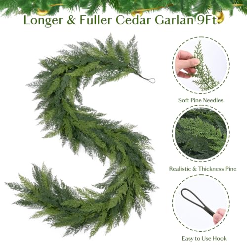 2 Pack 9FT Cedar Garland with 50 LED Lights, Pre-Lit Faux Greenery 9 ft