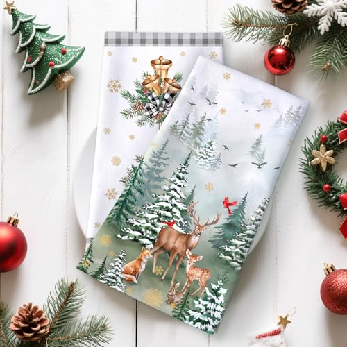 Winter Woodland Deer Tea Towels Set of 4 - 100% Cotton Kitchen Hand Towels, Arquiel