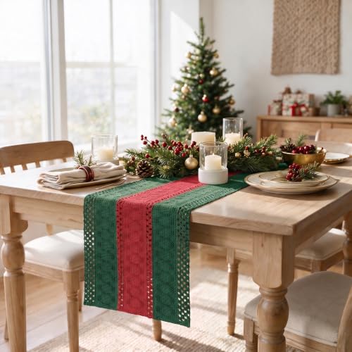 Artoid Mode 12x120 Inch Farmhouse Rustic Green Red Table Runner - Durable Cotton Polyester Decor