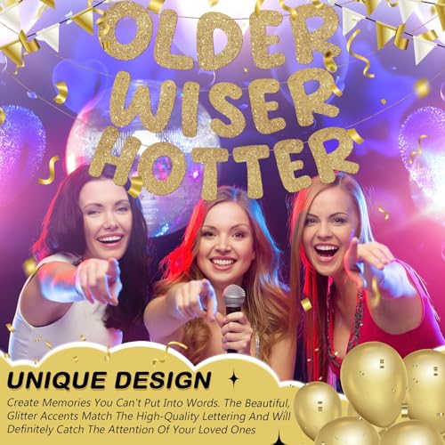 Older Wiser Hotter Glitter Banner - Pre-Strung Funny Birthday Party Decorations
