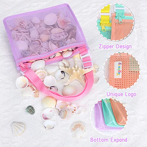 Kids Mesh Beach Bags for Shell Collecting - Adjustable Sand Toy Bags, Set of 3