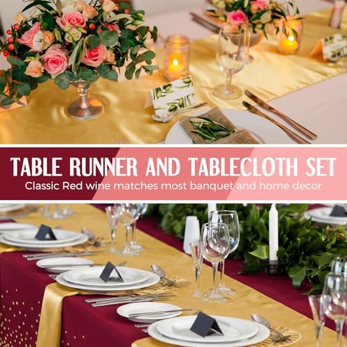 Breling Burgundy and Gold 16-Pack Tablecloths & Satin Runners Set - 54x108in Tablecloths, 12x108in Runners