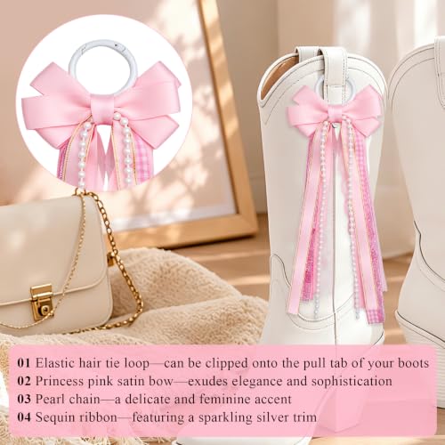 Pink Cowgirl Boot Bows with Pearls - Western Accessories (2 Pack)