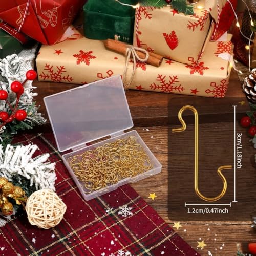 100 Pack Gold Christmas Ornament Hooks - Heavy Duty Metal S-Shaped Hangers