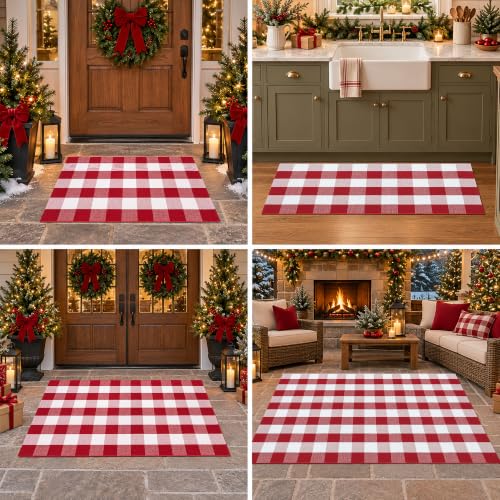 Homydecor Red & White Plaid 4' x 6' Rug - Reversible Cotton Blend, Washable Porch & Entryway