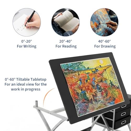 Adjustable Drafting Table with Stool and 3 Drawers for Artists