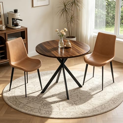Walnut 31.5" Round Dining Table Set for 2 with 2 Brown Chairs - Mid-Century X-Shaped Leg