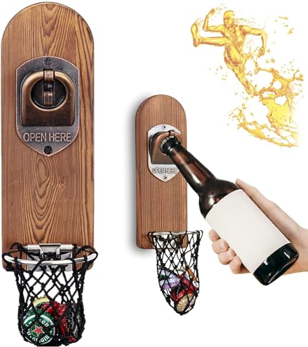 LUCYLANKER Vintage Wooden Wall Mounted Beer Bottle Opener with Magnetic Cap Catcher - Style 3