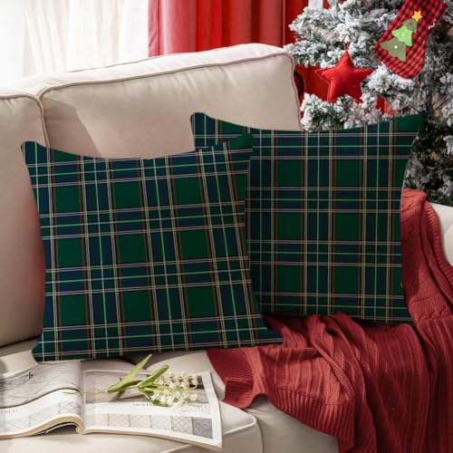 RABUSOFA Christmas Plaid Pillow Covers 18x18, 2 Pack – Green 18" x 18"