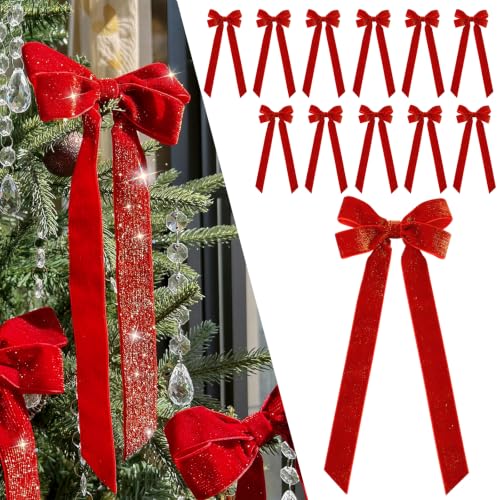 Red Velvet Ribbon Bows for Christmas Decorations, Gold Threaded, 12Pcs