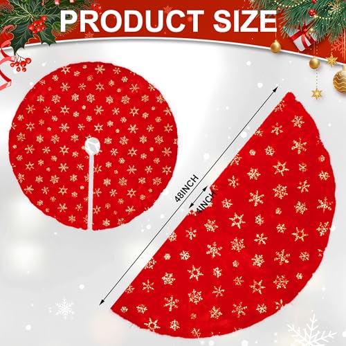48in Red Faux Fur Christmas Tree Skirt with Gold Sequin Snowflakes