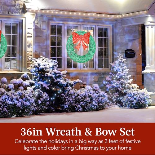 36in Pre-Lit Outdoor Christmas Wreath with 120 LED Lights & Red/Green Bow - Weatherproof Holiday Decor
