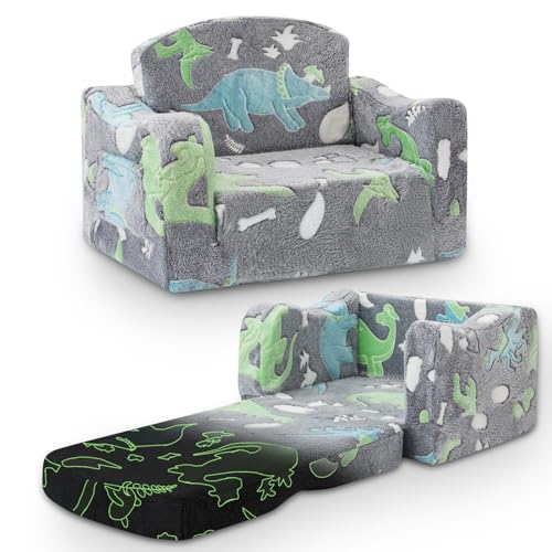 2-in-1 Convertible Kids Sofa Chair - Foldable Foam Plush Couch, Gray Dinosaur