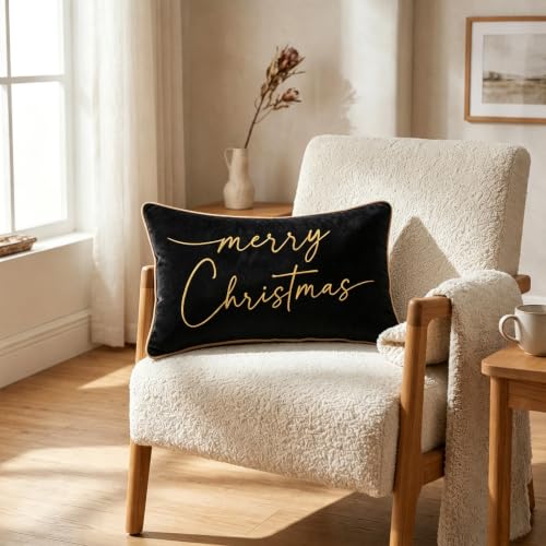 ONWAY Black Christmas Pillow Cover 12x20 Inches Embroidered Gold Holiday Decor