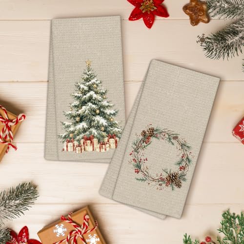 EGBTL Christmas Tree2 Wreath Kitchen Towels 16x24in Set of 2 - Rustic Snowy Holiday Dish Towels