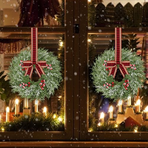 Waipfaru 18 Pcs Small Christmas Wreaths for Windows & Kitchen Cabinets, Holiday Decor - Red & Green