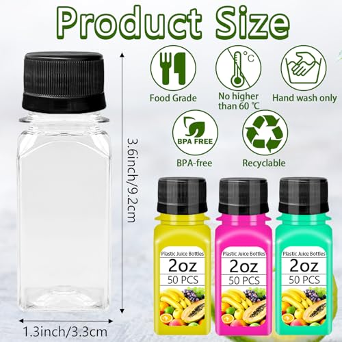 50 Pack 2oz Plastic Juice Shot Bottles with Leak-Proof Caps for Travel & Storage