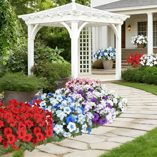 UV Resistant Outdoor Artificial Petunia Flowers - 6 Bundles (Purple-White)