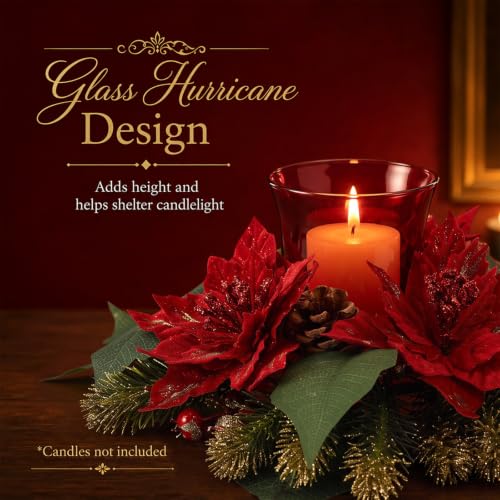 Faux Poinsettia Berry and Red Glass Candle Holders - 17.5" Christmas Centerpieces, 2 Pack